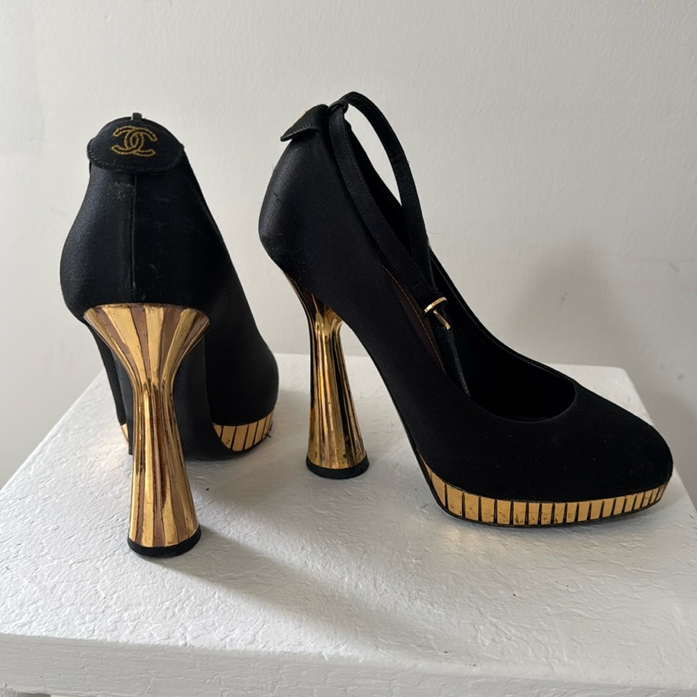 Fabulous Chanel Black Satin with Gold Disco Bottoms 35.5
